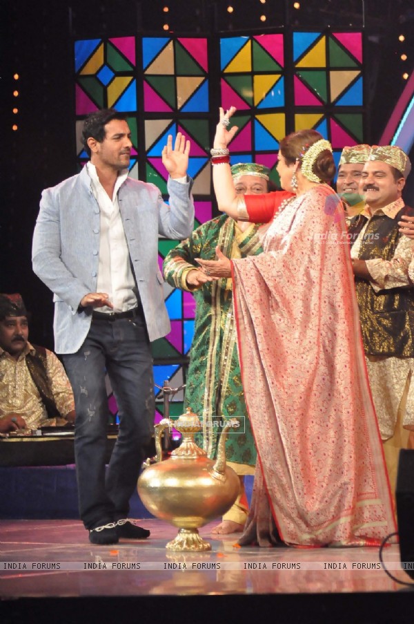 John Abraham and Kiran Kher on the sets of India's Got Talent at Film City. .
